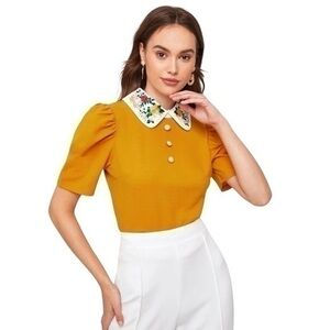 SHEIN Mulvari Contrast Floral Embroidered Collar Puff Sleeve Top 💕